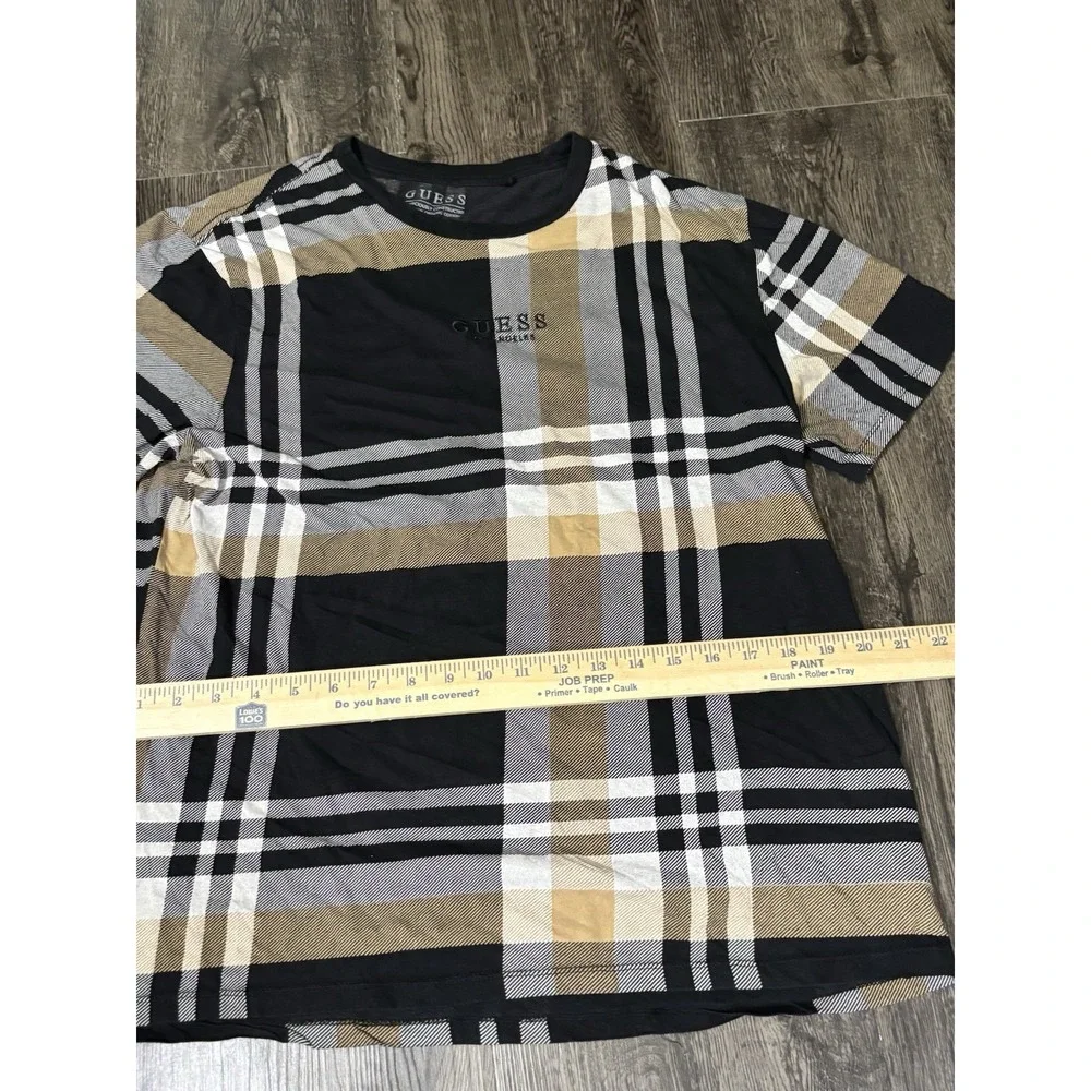GUESS Plaid Logo Men's T-Shirt XL Brown Black White Short Sleeve Embroidered Med - Picture 4 of 7